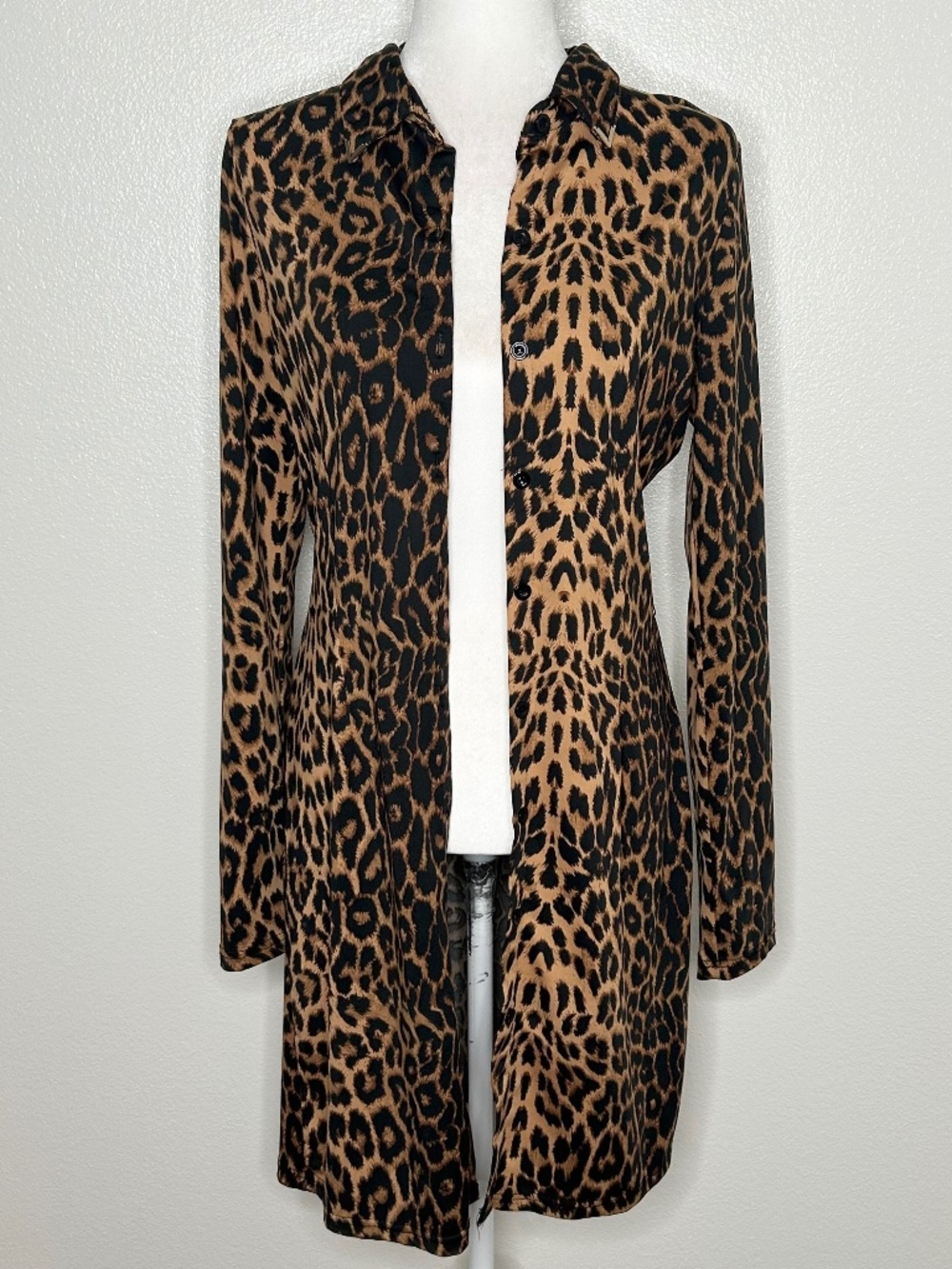 ANGL Womens Leopard Animal Print Button-Front Long Cardigan Shirt Size M/L